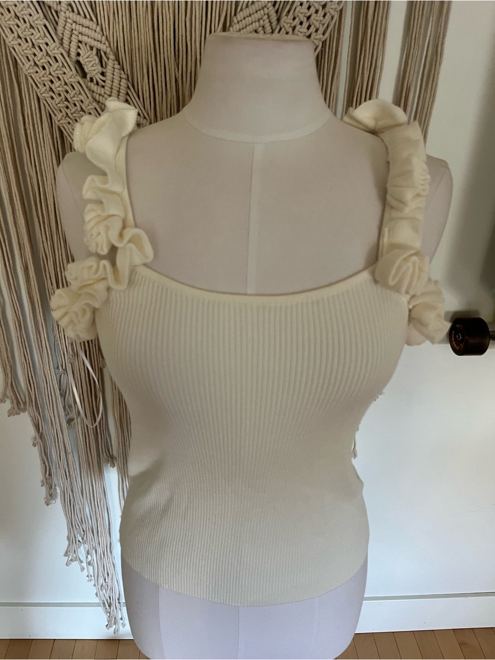 Camila Coelho Cream Ruffle Strap Ribbed Tank